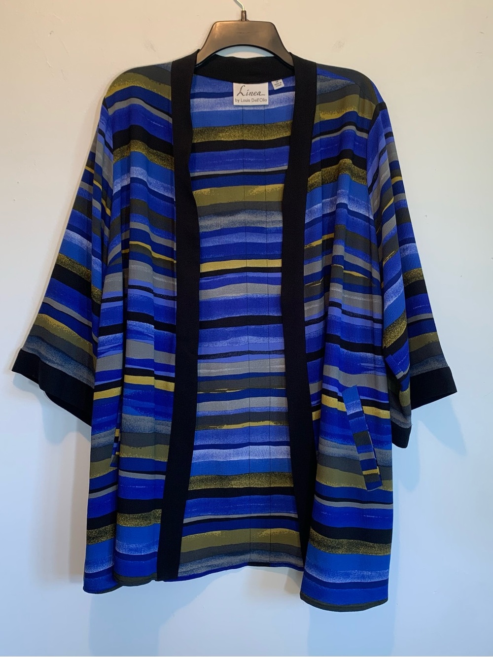 New Linea Artsy Stripe Kimono Sleeve Long Cardigan 1X w/ Pockets Blue Gold Black